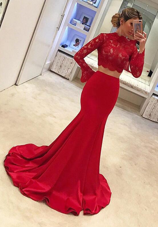 High Neck Red Lace Long Sleeves Mermaid 2 Pieces Prom dressEvening Dress Party Gown