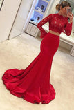 High Neck Red Lace Long Sleeves Mermaid 2 Pieces Prom dressEvening Dress Party Gown