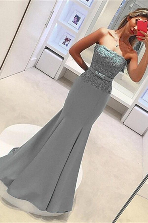 Fashion Strapess Lace Baby Blue Floor Length Mermaid Prom Dresses Evening Gowns Party Dress