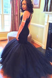 Hot Sales Navy Blue Mermaid Prom Dress High Neck Back O Rhinestone Evening Dress Party Gown
