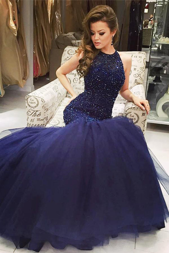 Hot Sales Navy Blue Mermaid Prom Dresses High Neck Back O Rhinestone Evening Dress Party Gown