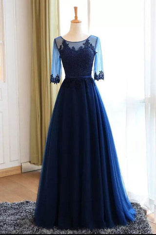 Real Photo Dark Blue Long Sleeves Lace Floor Length Prom Dresses Evening Dress Party Gowns