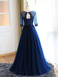 Real Photo Dark Blue Long Sleeves Lace Floor Length Prom Dresses Evening Dress Party Gowns