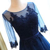 Real Photo Dark Blue Long Sleeves Lace Floor Length Prom Dresses Evening Dress Party Gowns