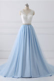 New Arrival White Lace Blue Tulle Beads Belt Prom Dresses Evening Dress Party Gowns