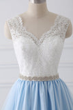 New Arrival White Lace Blue Tulle Beads Belt Prom Dresses Evening Dress Party Gowns