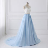 New Arrival White Lace Blue Tulle Beads Belt Prom Dresses Evening Dress Party Gowns