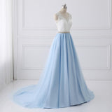 New Arrival White Lace Blue Tulle Beads Belt Prom Dress Evening Dress Party Gowns