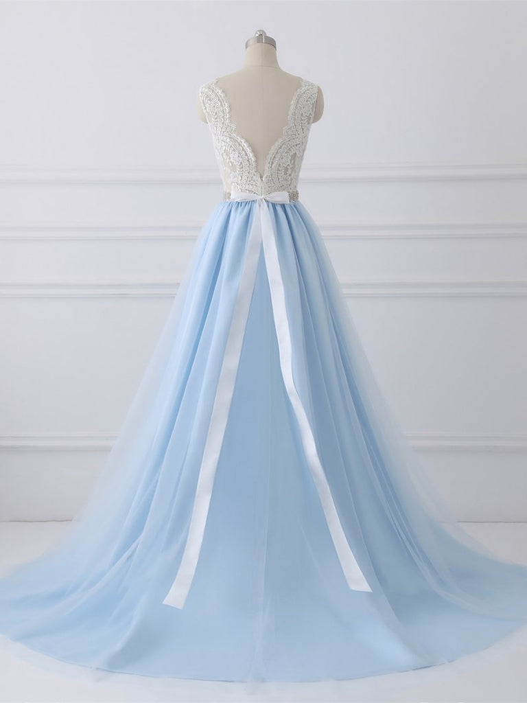 New Arrival White Lace Blue Tulle Beads Belt Prom Dress Evening Dress Party Gowns