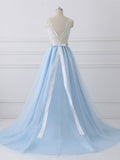 New Arrival White Lace Blue Tulle Beads Belt Prom Dresses Evening Dress Party Gowns