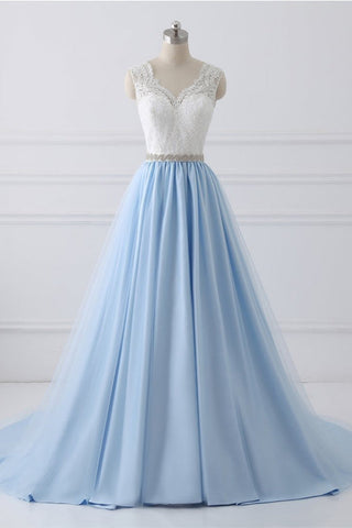 New Arrival White Lace Blue Tulle Beads Belt Prom Dress Evening Dress Party Gowns