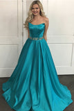 Fashion A Line Satin Floor Length Beaded Belt Prom Dress Evening Gowns Party Dresses
