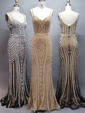 Sexy Spaghetti Straps Silver Crystals Mermaid Long Prom Dresses Shiny Evening Dress Party Gown