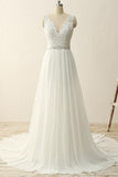 Ivory Lace Chiffon V Neck Off the Shoulder Beach Wedding Dress Bridal Dress Gowns