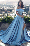 New Arrival Off the Shoulder Blue Front Slit Long Sexy Prom Dress Evening Gowns Party Dress