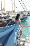 New Arrival Off the Shoulder Blue Front Slit Long Sexy Prom Dress Evening Gowns Party Dress