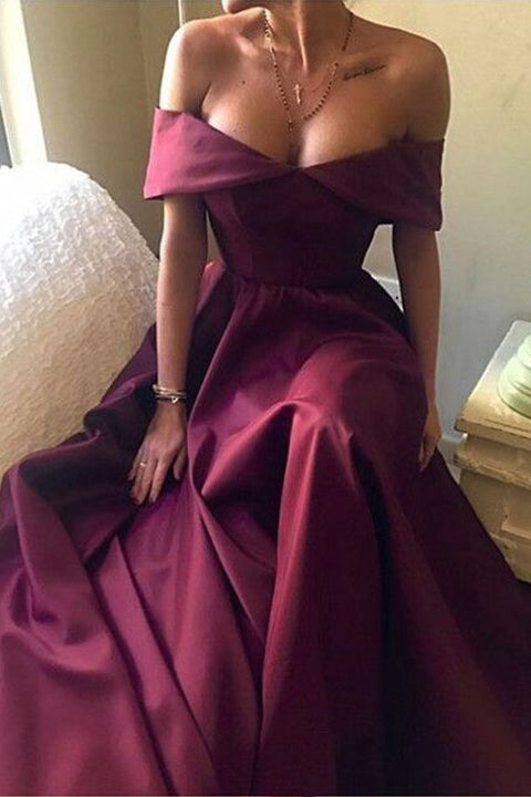 A Line Off the Shoulder Burgundy Satin Prom Dresses Evening Gowns Party Dress