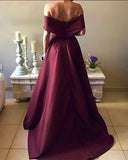 A Line Off the Shoulder Burgundy Satin Prom Dresses Evening Gowns Party Dress