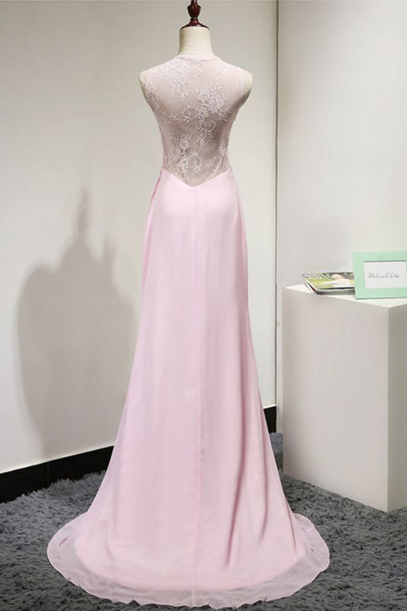 High Neck See Through Pink Lace Long Fashion Prom Dresses Evening Party Dress