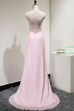 High Neck See Through Pink Lace Long Fashion Prom Dress Evening Party Dress