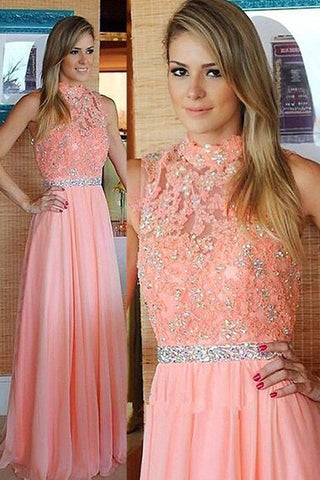 Fashion High Neck Lace Beaded A Line Floor Length Prom Dress Evening Party Dress