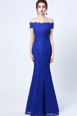 Hot Sales Mermaid Royal Blue Lace Long Off the Shoulder Prom Dress Evening Party Dress