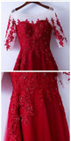 3/4 Sleeves Red Long Lace Prom Dresses Evening Dress Party Gown