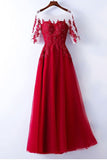 3/4 Sleeves Red Long Lace Prom Dresses Evening Dress Party Gown