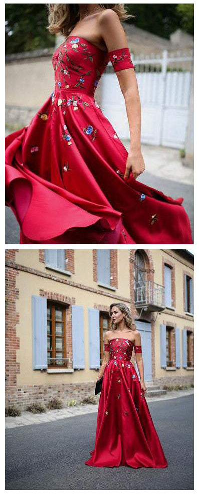 Embroidery Strapless A Line Red Floor Length Prom Dress Evening Gowns Party Dress