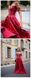 Embroidery Strapless A Line Red Floor Length Prom Dress Evening Gowns Party Dress