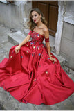 Embroidery Strapless A Line Red Floor Length Prom Dress Evening Gowns Party Dress