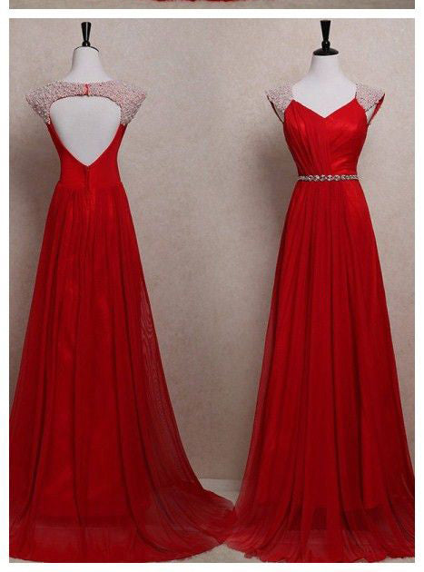 Backless Cap Sleeves Red Real Picture Floor Length Prom Dresses Evening Party Dress Gown