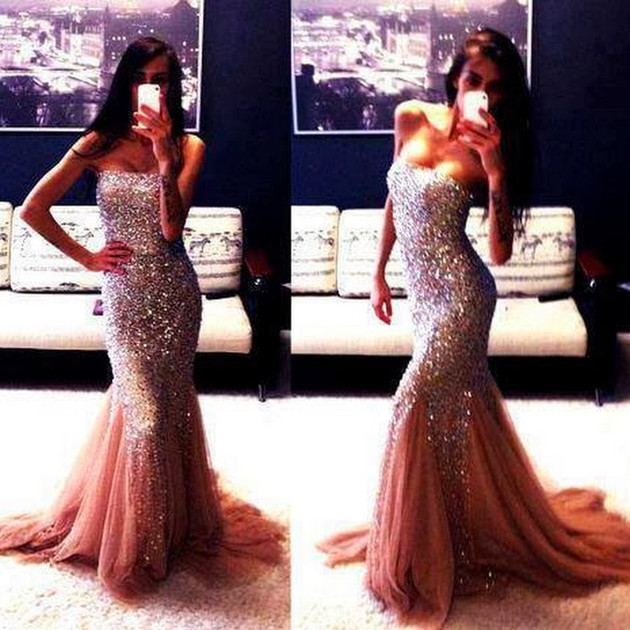 Fashion Strapless Mermaid Heavy Beadings Tulle Prom Dresses Evening Gowns Party Dress