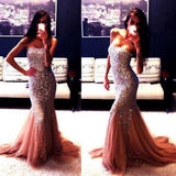 Fashion Strapless Mermaid Heavy Beadings Tulle Prom Dress Evening Gowns Party Dress