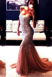 Fashion Strapless Mermaid Heavy Beadings Tulle Prom Dress Evening Gowns Party Dress