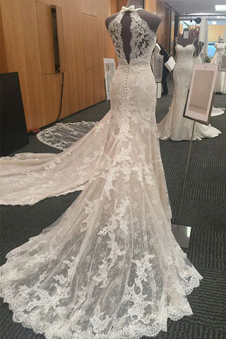 Hot Sales V Neck Halter Mermaid Lace Chapel Train Wedding Dresses Bridal Dress Wedding Gowns