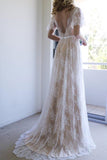 Backless Short Sleeves V Neck Ivory Lace Beach Wedding Dress Bridal Dresses Wedding Gowns