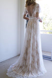 Backless Short Sleeves V Neck Ivory Lace Beach Wedding Dress Bridal Dress Wedding Gowns