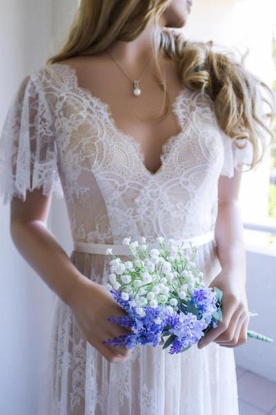 Backless Short Sleeves V Neck Ivory Lace Beach Wedding Dress Bridal Dresses Wedding Gowns