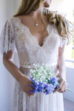 Backless Short Sleeves V Neck Ivory Lace Beach Wedding Dress Bridal Dress Wedding Gowns
