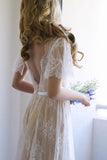 Backless Short Sleeves V Neck Ivory Lace Beach Wedding Dress Bridal Dresses Wedding Gowns