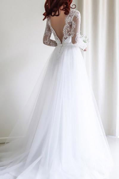 Long Sleeves Open Back White Lace Beach Wedding Dresses Bridal Dress Wedding Gown