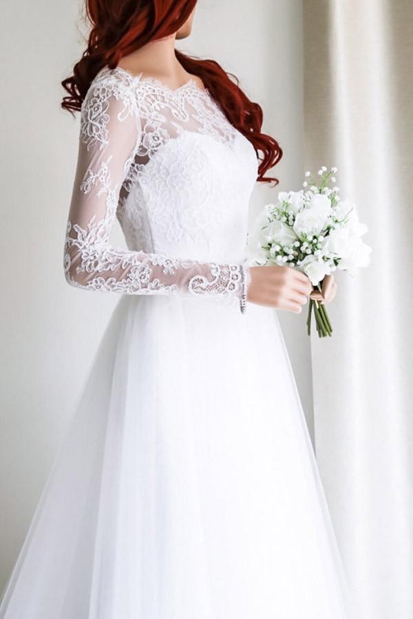 Long Sleeves Open Back White Lace Beach Wedding Dress Bridal Dress Wedding Gown