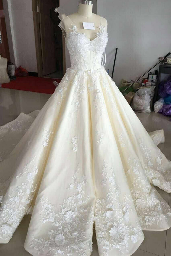 Luxury Chapel Train Cap Sleeves Lace Appliques Wedding Dresses Bridal Dress Weding Gowns
