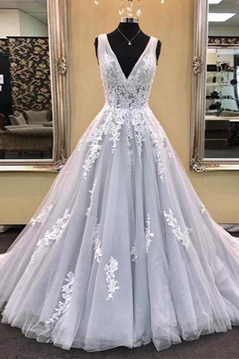 Ball Gown V Neck Baby Blue Lace Appliques Wedding Dress Bridal Dress Wedding Gowns