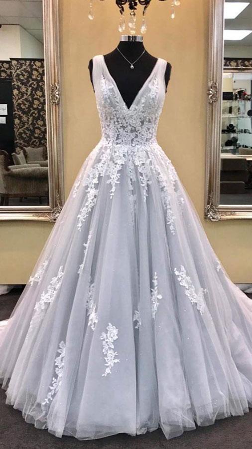 Ball Gown V Neck Baby Blue Lace Appliques Wedding Dress Bridal Dress Wedding Gowns