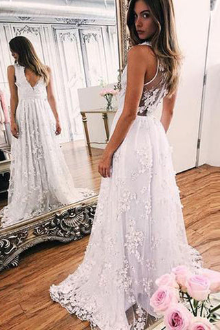 A Line White Lace V Neck See Through Beach Wedding Dresses Bridal Dress Weding Gowns