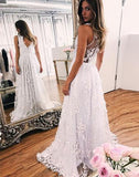 A Line White Lace V Neck See Through Beach Wedding Dress Bridal Dress Weding Gowns