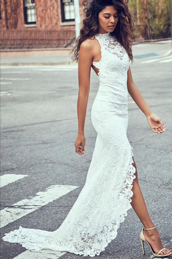 Hot Sales High Neck Ivory Lace Backless Split Mermaid Beach Wedding Dress Bridal Dress