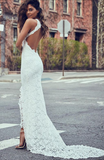 Hot Sales High Neck Ivory Lace Backless Split Mermaid Beach Wedding Dress Bridal Dress